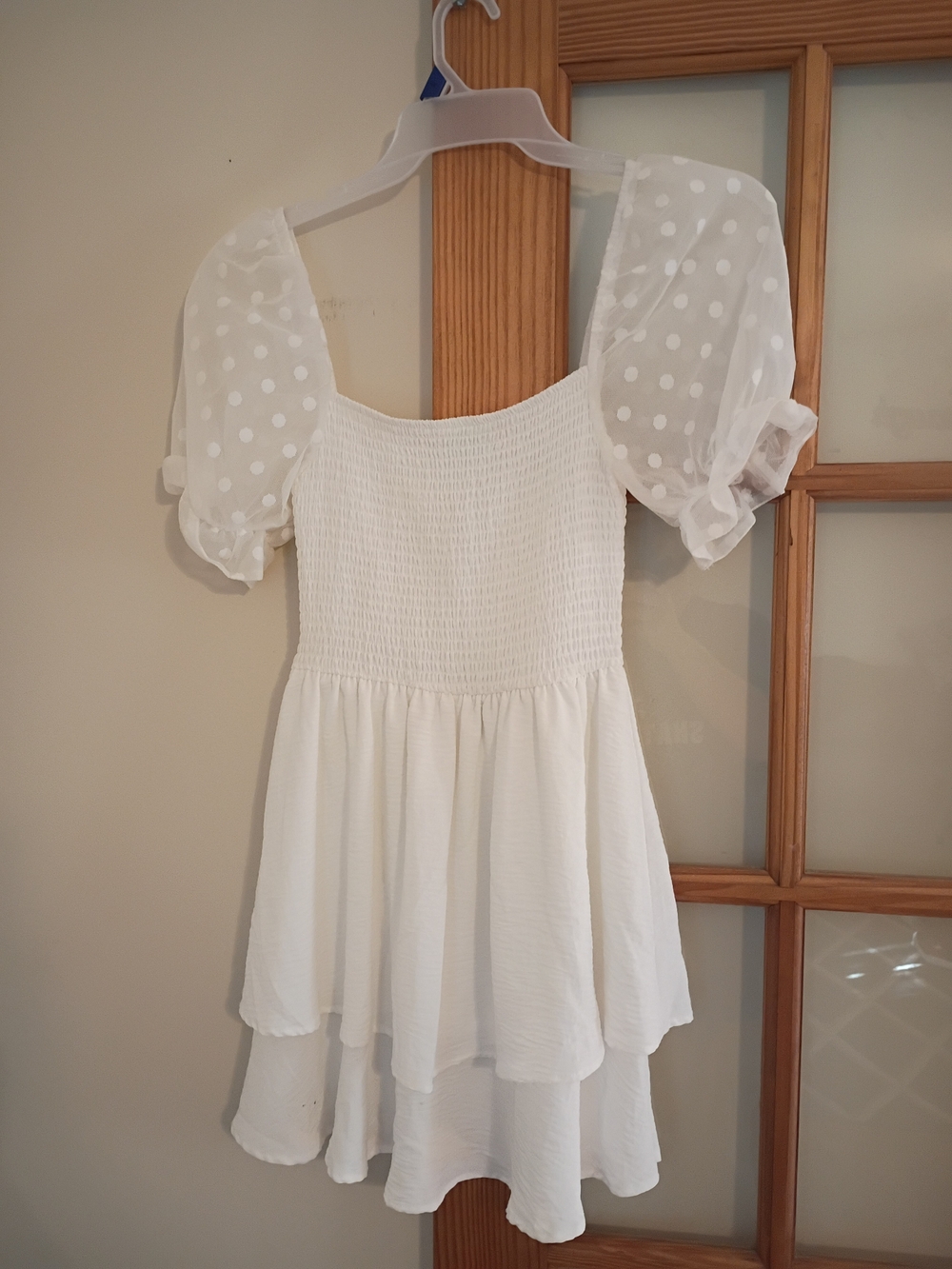Xtraordinary White Sheer Polka-Dot Puff Sleeve Smocked Tunic